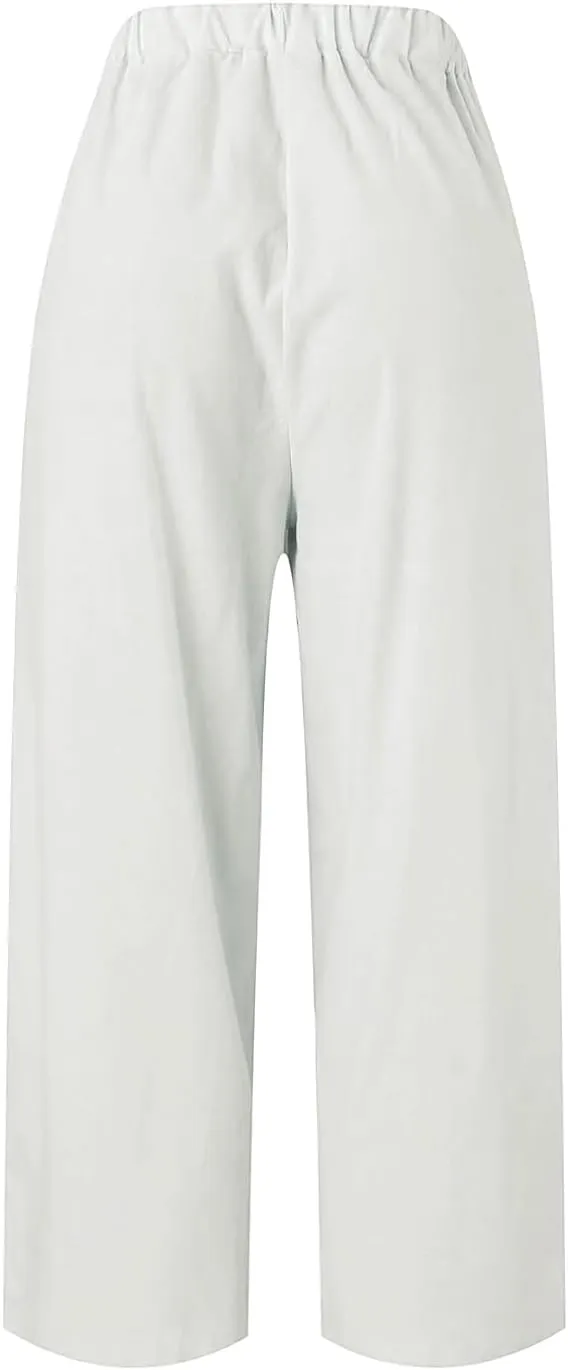 Womens Straight Leg Pants Lightweight Breathable Cotton Linen Pant Fashion Elastic Waist Solid Color Casual Pants