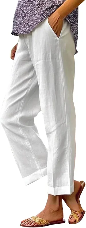 Womens Straight Leg Pants Lightweight Breathable Cotton Linen Pant Fashion Elastic Waist Solid Color Casual Pants