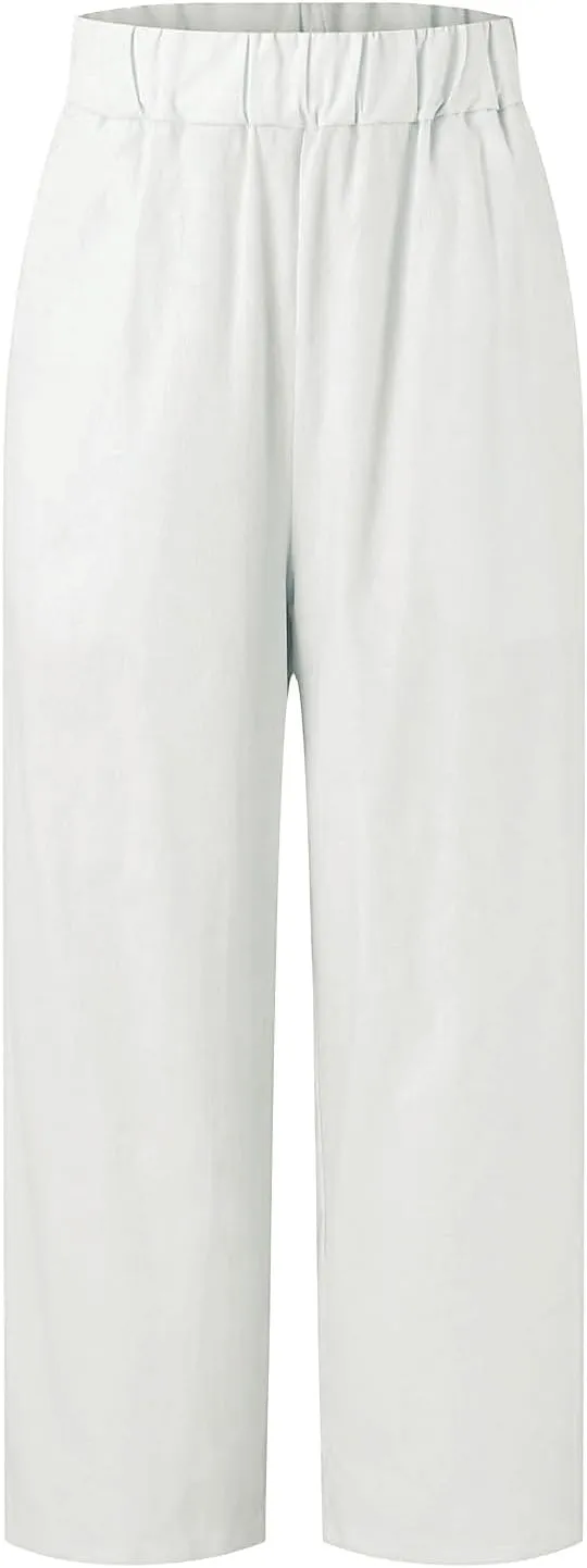 Womens Straight Leg Pants Lightweight Breathable Cotton Linen Pant Fashion Elastic Waist Solid Color Casual Pants