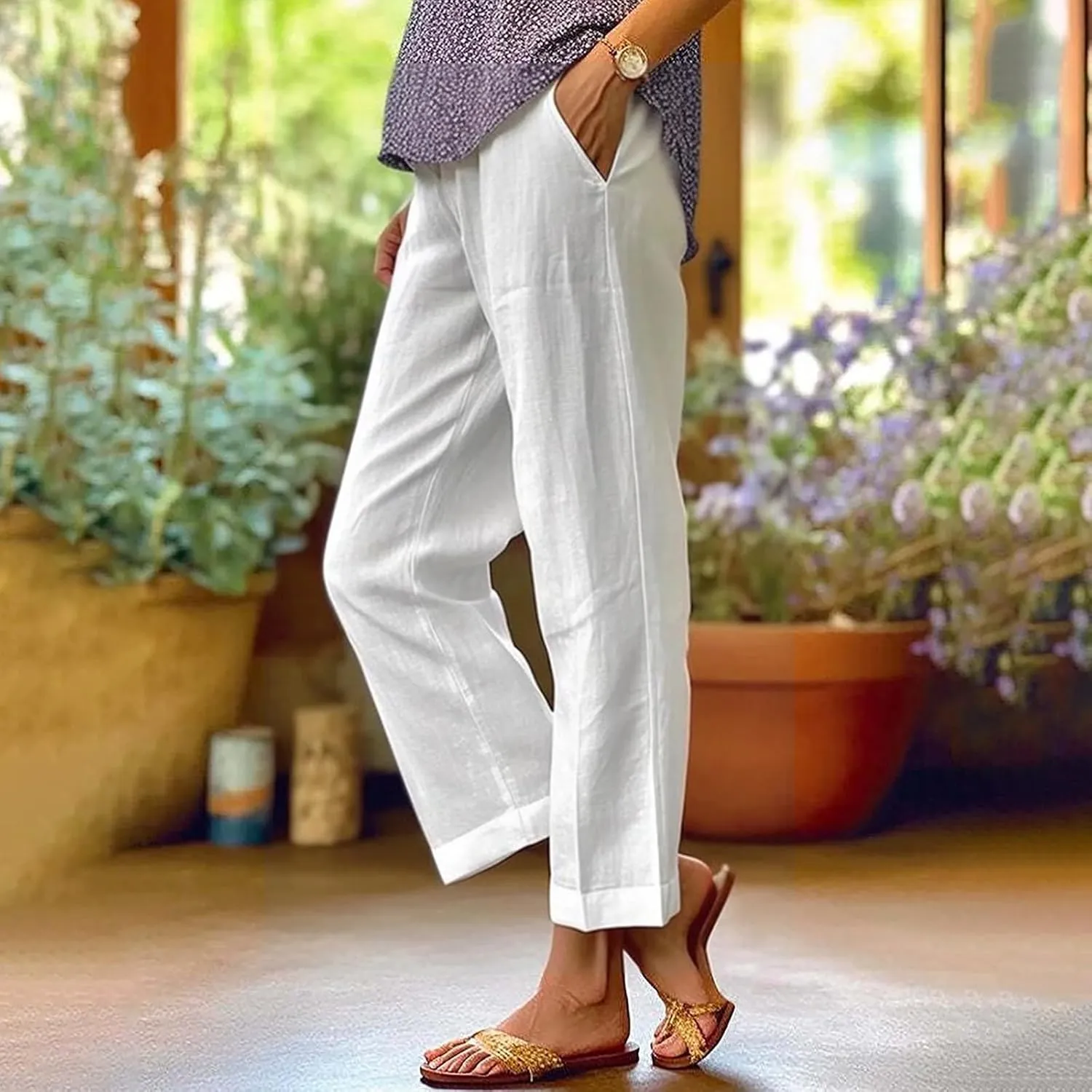 Womens Straight Leg Pants Lightweight Breathable Cotton Linen Pant Fashion Elastic Waist Solid Color Casual Pants