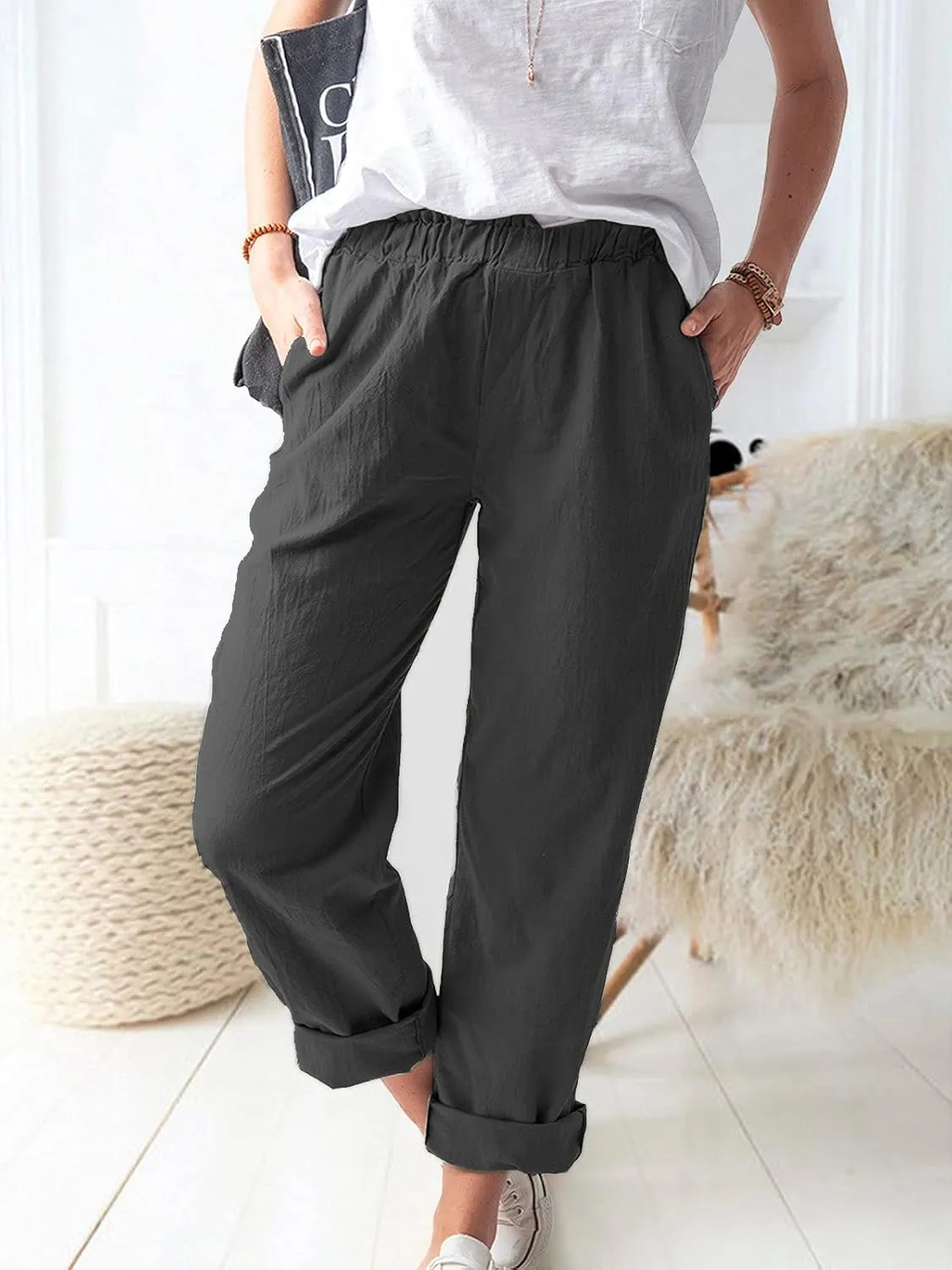 Women's Straight Pants Elastic Waist Casual Trousers Pants with Pockets