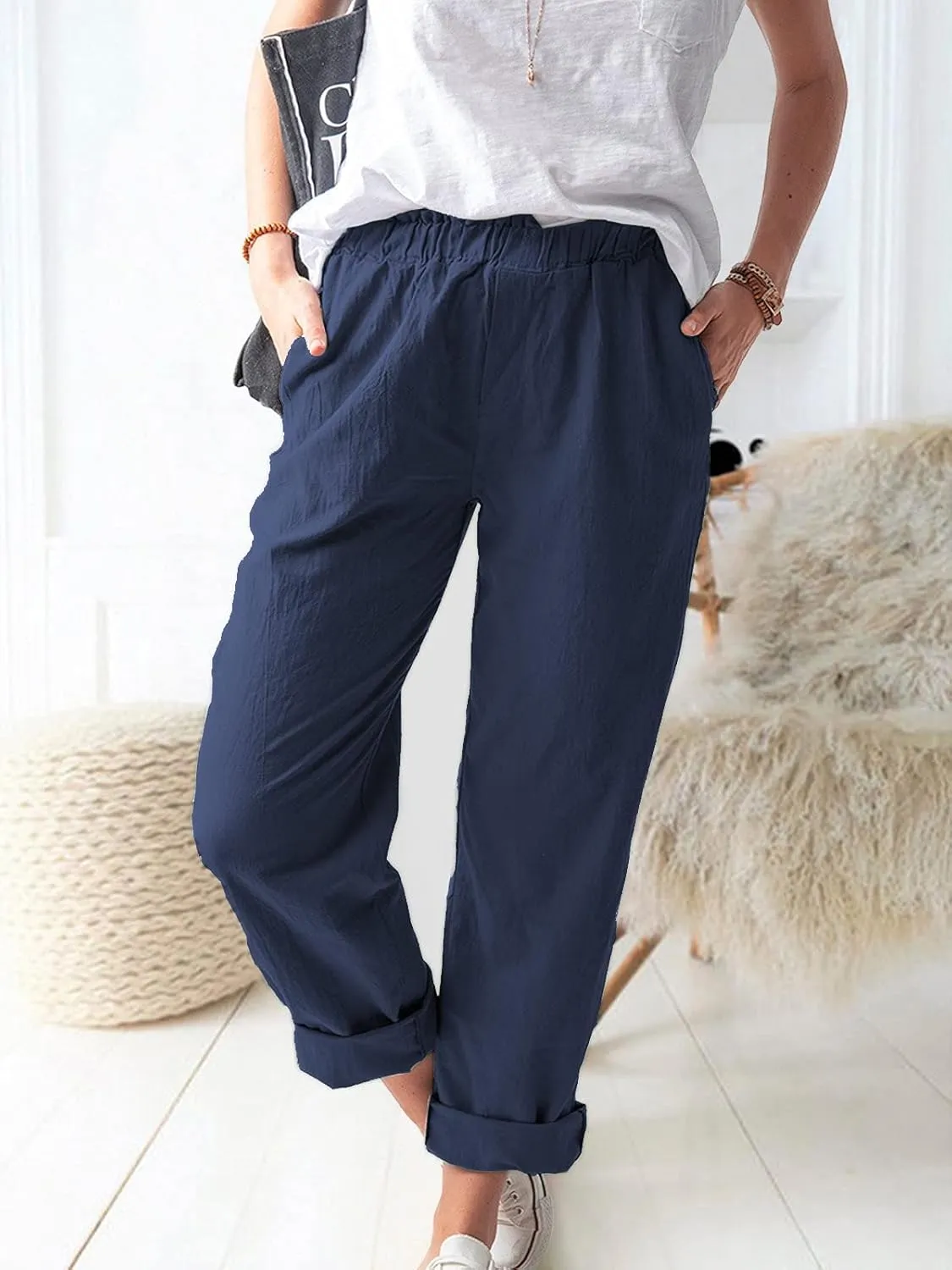Women's Straight Pants Elastic Waist Casual Trousers Pants with Pockets