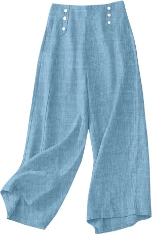 Womens Straight Wide Leg Pants with Pockets High Waisted Button Palazzo Trousers Casual Beach Travel Vacation Outfits