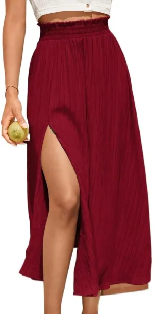 Womens Summer Flowy Skirt Dress Paperbag Waist Slit Long Skirt