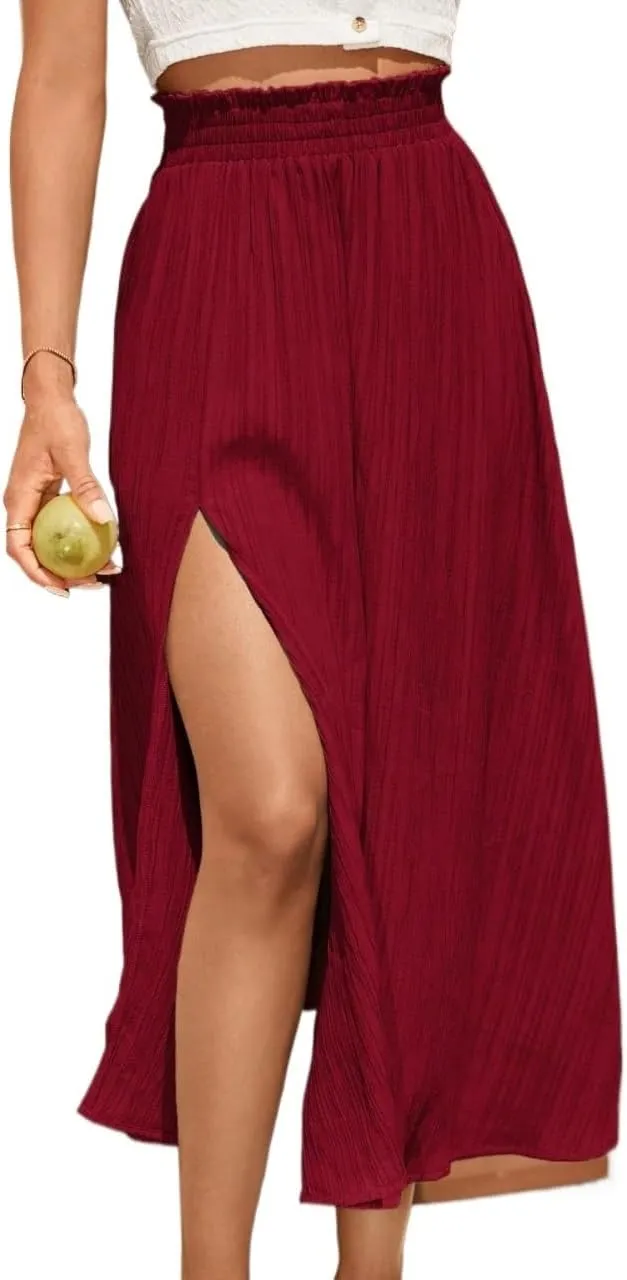 Womens Summer Flowy Skirt Dress Paperbag Waist Slit Long Skirt