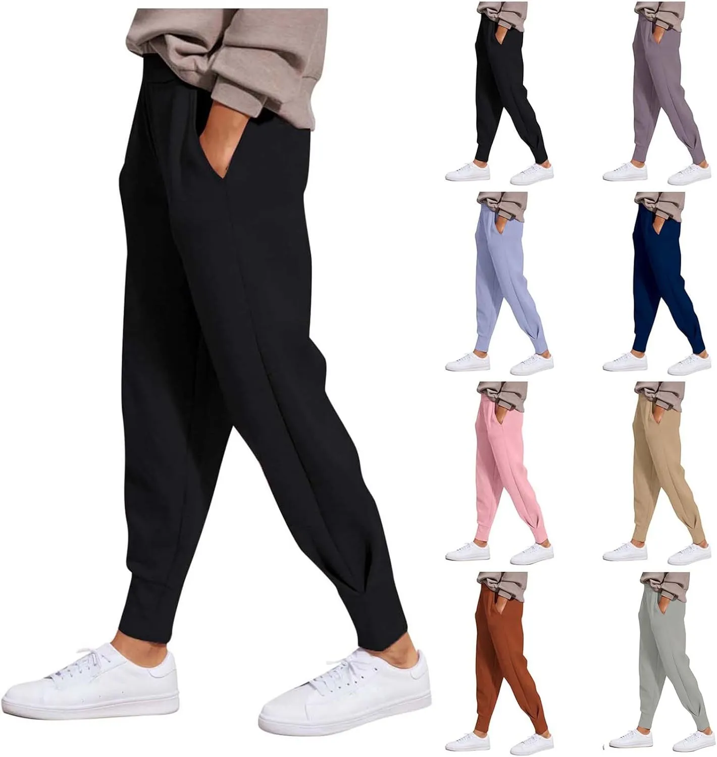 Women's Summer High Waist Sweatpants Solid Color Fleece-Lined Ankle Joggers Cozy Casual Lounge Wear
