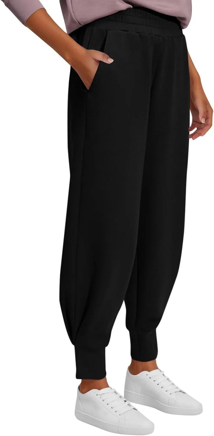 Women's Summer High Waist Sweatpants Solid Color Fleece-Lined Ankle Joggers Cozy Casual Lounge Wear