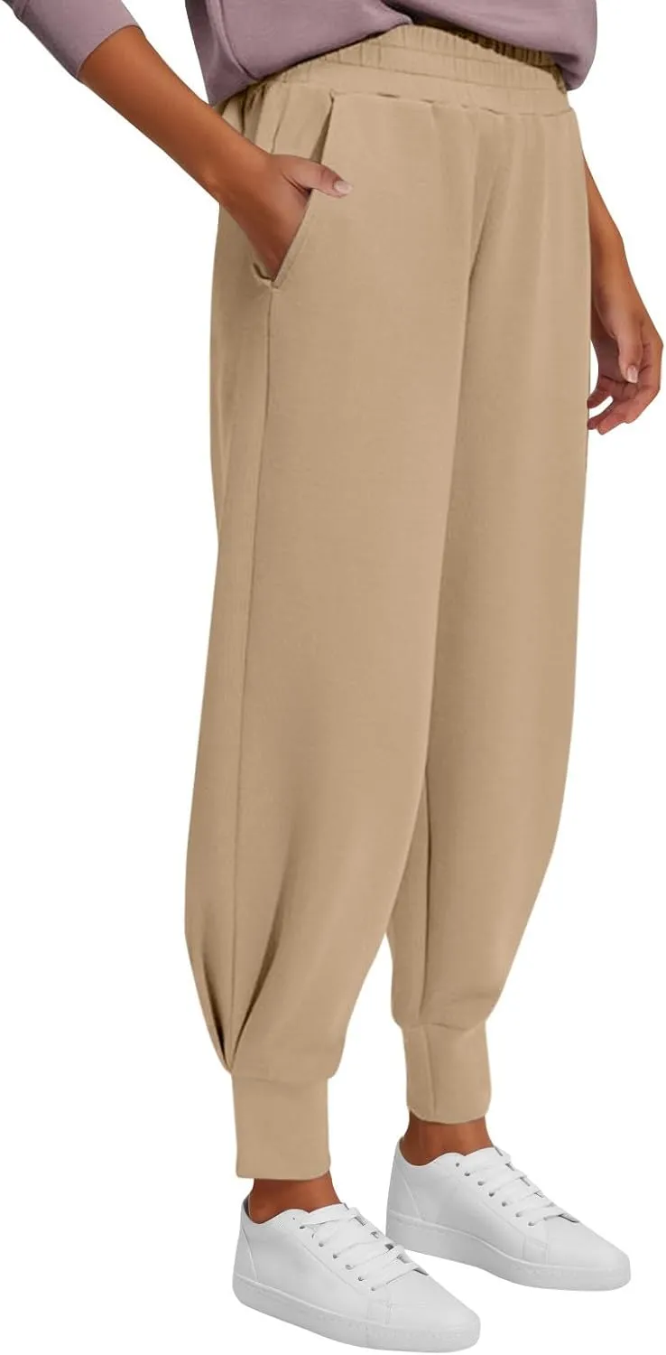 Women's Summer High Waist Sweatpants Solid Color Fleece-Lined Ankle Joggers Cozy Casual Lounge Wear
