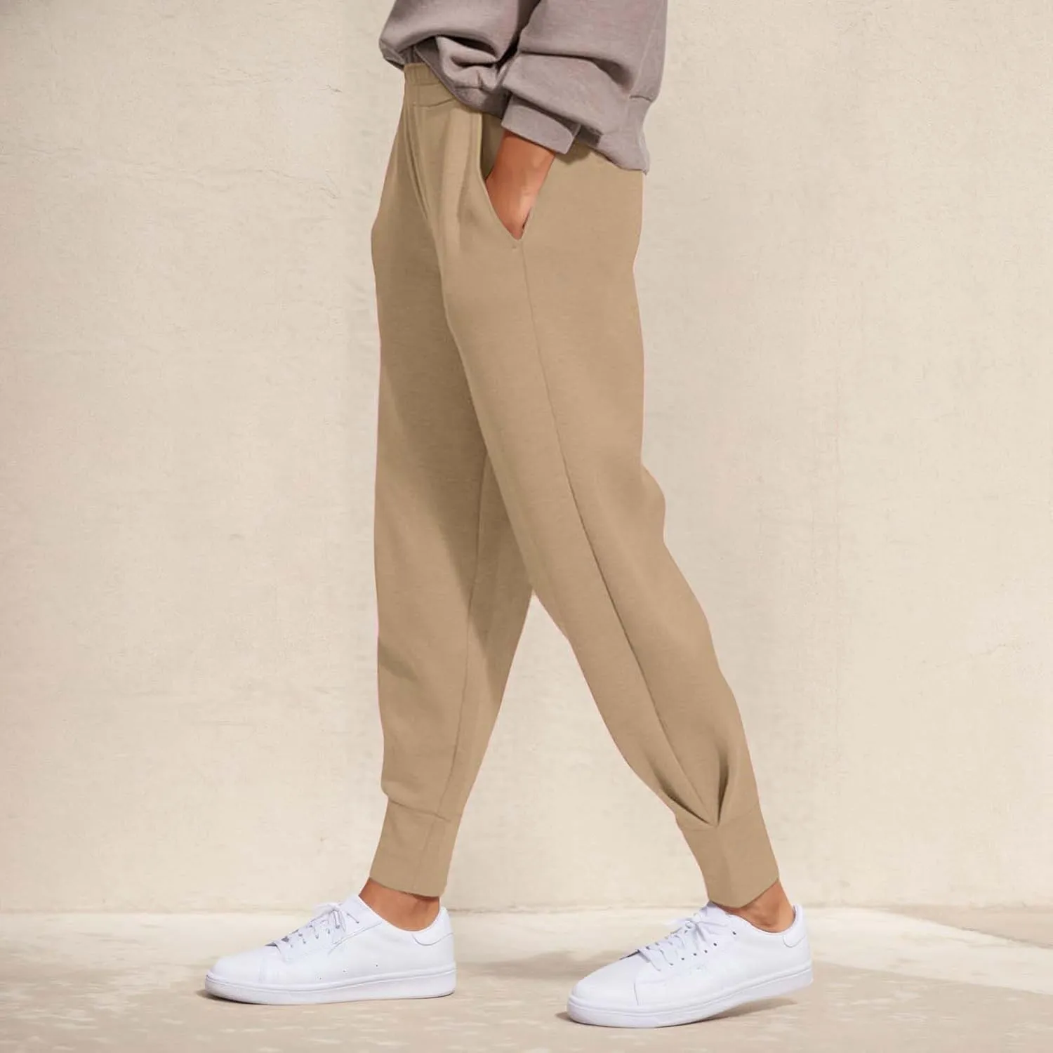 Women's Summer High Waist Sweatpants Solid Color Fleece-Lined Ankle Joggers Cozy Casual Lounge Wear