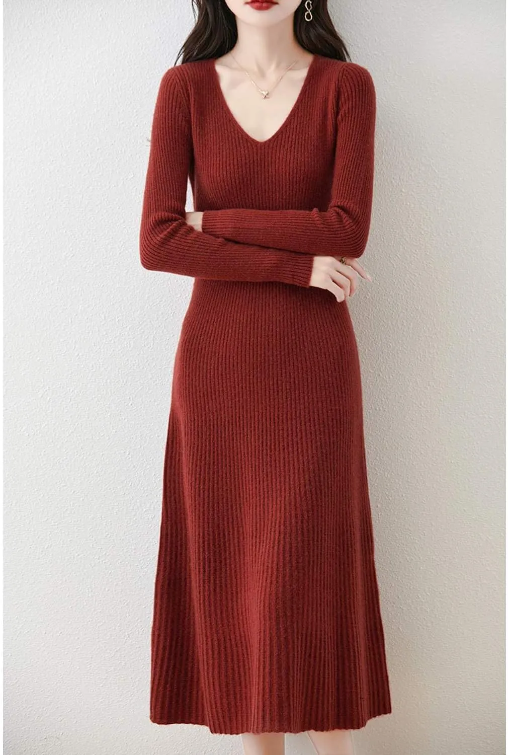 Women's Sweater Dress 100% Merino Wool Pullover Long Sleeve V Neck Knitted Slim Tops