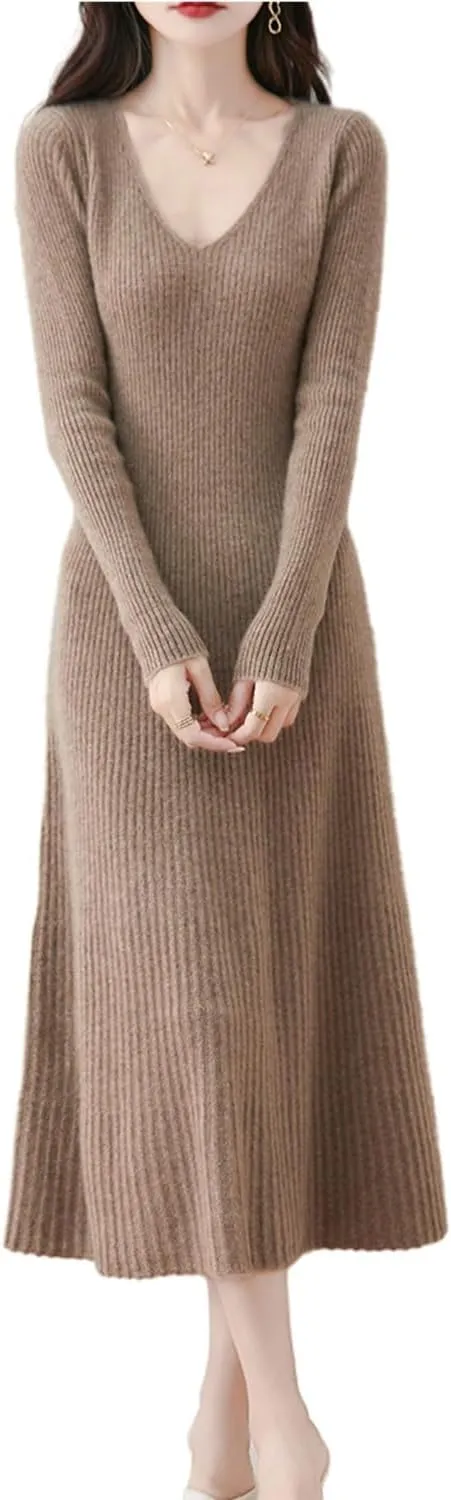 Women's Sweater Dress 100% Merino Wool Pullover Long Sleeve V Neck Knitted Slim Tops