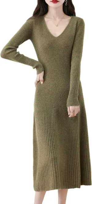 Women's Sweater Dress 100% Merino Wool Pullover Long Sleeve V Neck Knitted Slim Tops