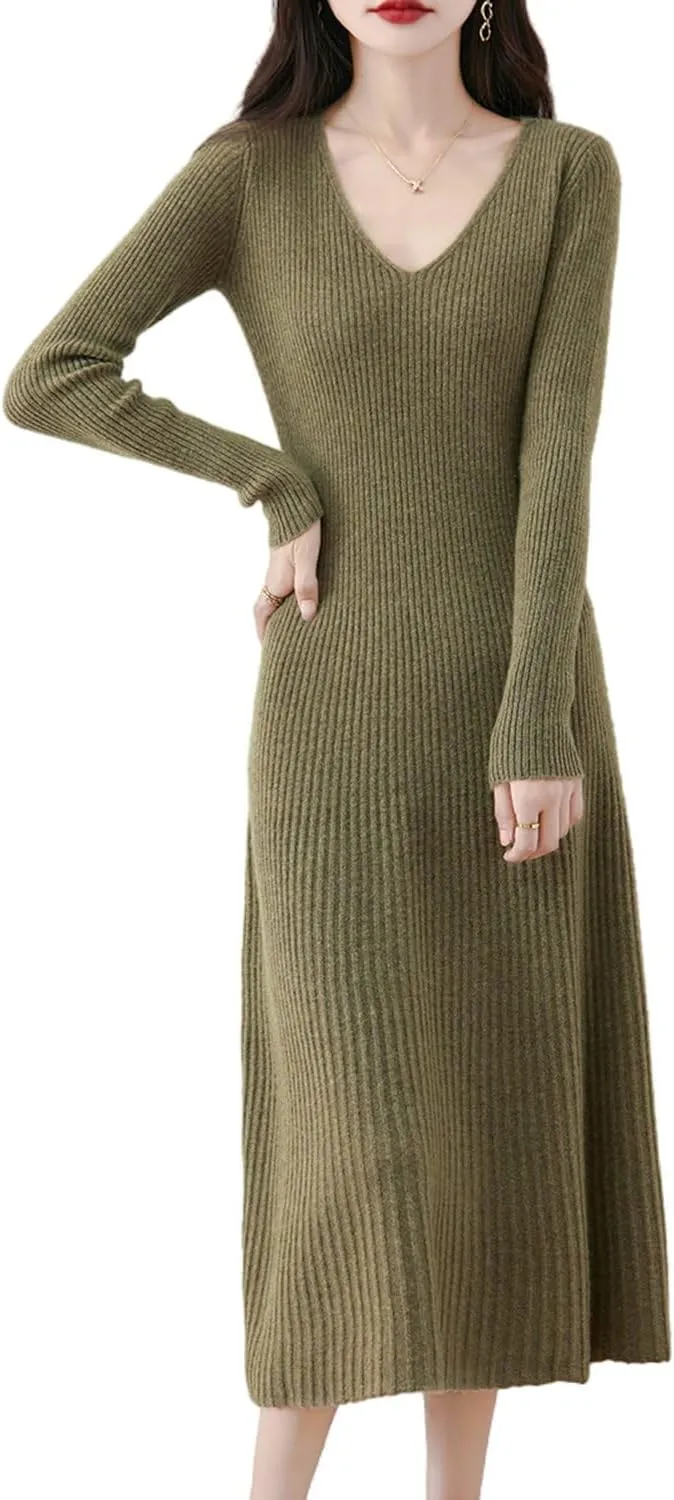 Women's Sweater Dress 100% Merino Wool Pullover Long Sleeve V Neck Knitted Slim Tops