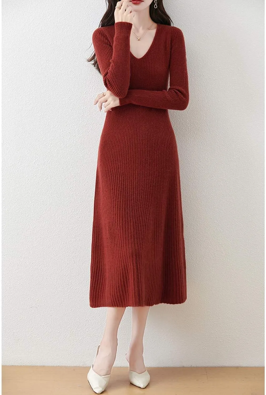 Women's Sweater Dress 100% Merino Wool Pullover Long Sleeve V Neck Knitted Slim Tops