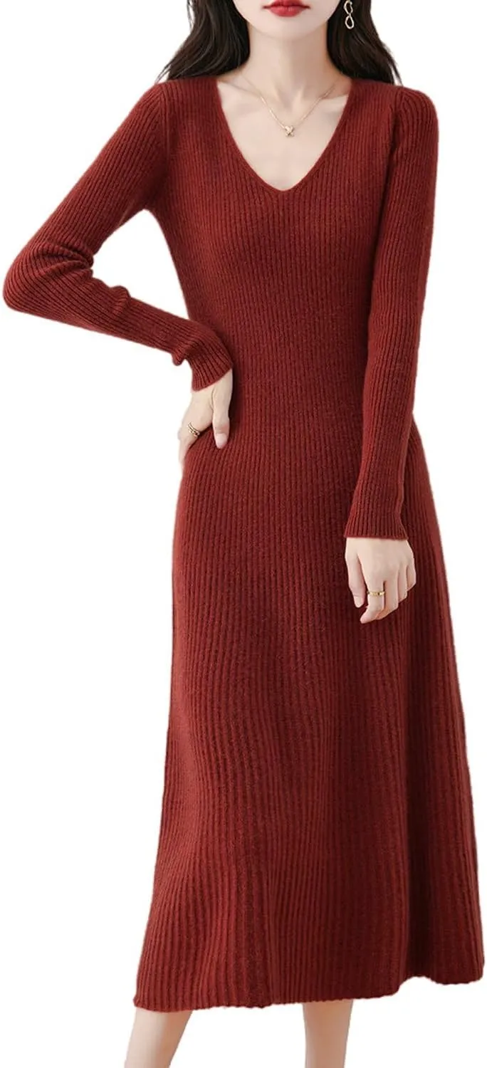 Women's Sweater Dress 100% Merino Wool Pullover Long Sleeve V Neck Knitted Slim Tops
