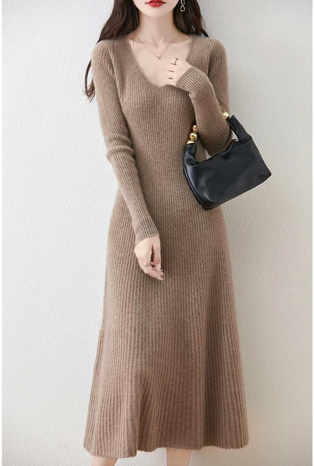 Women's Sweater Dress 100% Merino Wool Pullover Long Sleeve V Neck Knitted Slim Tops