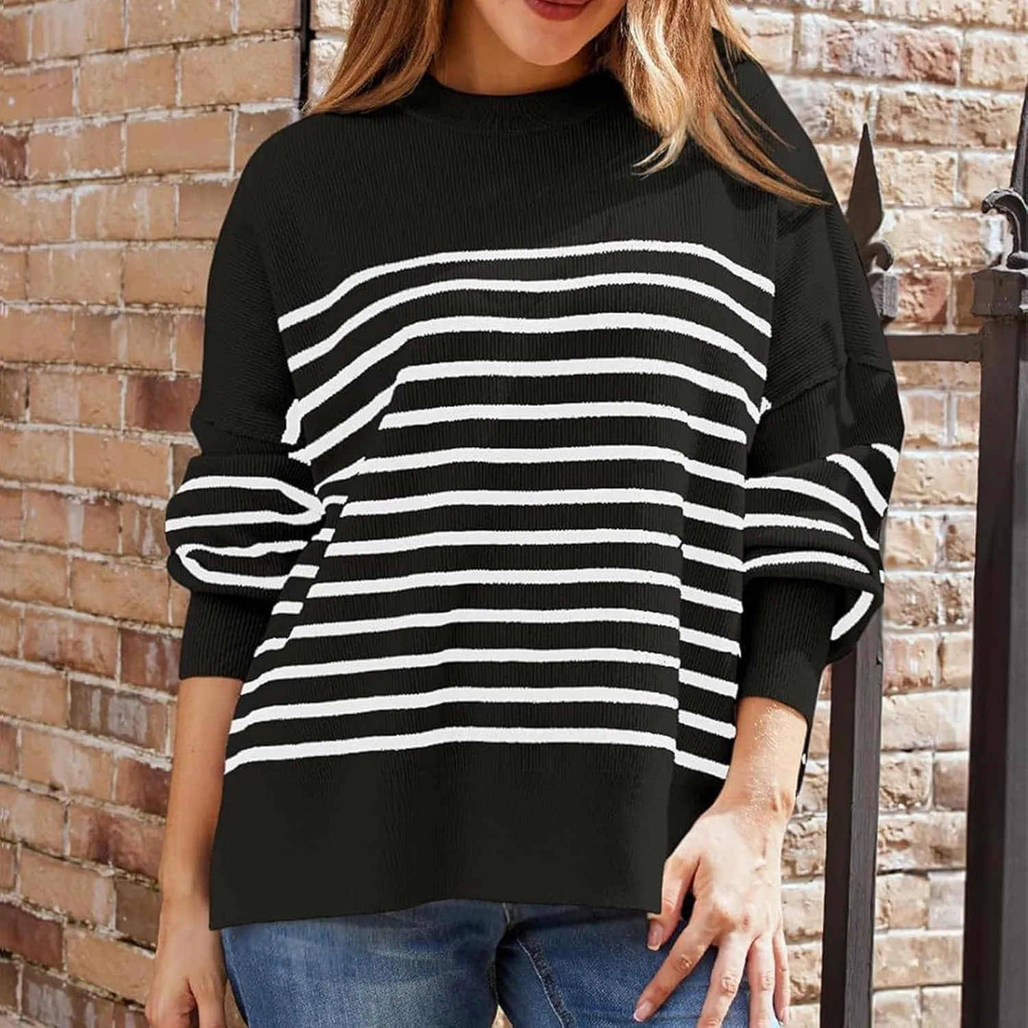 Womens Sweaters Fall 2024 Striped Oversized Sweater Turtleneck Pullover Fashion Outfit Winter Trendy Clothes