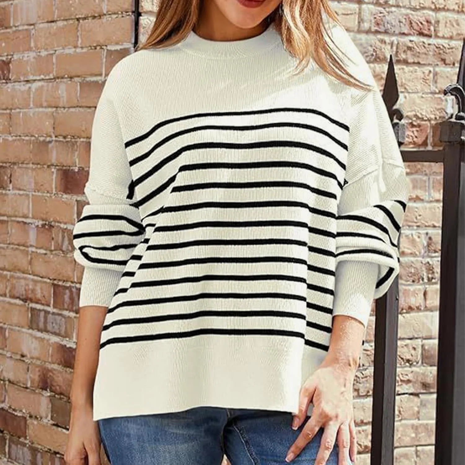 Womens Sweaters Fall 2024 Striped Oversized Sweater Turtleneck Pullover Fashion Outfit Winter Trendy Clothes