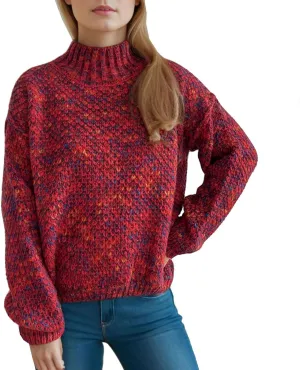 Women's Sweaters Fashion Color Block Mock Neck Long Sleeve Chunky Knitted Jumpers Tops Casual Loose Pullover Sweaters