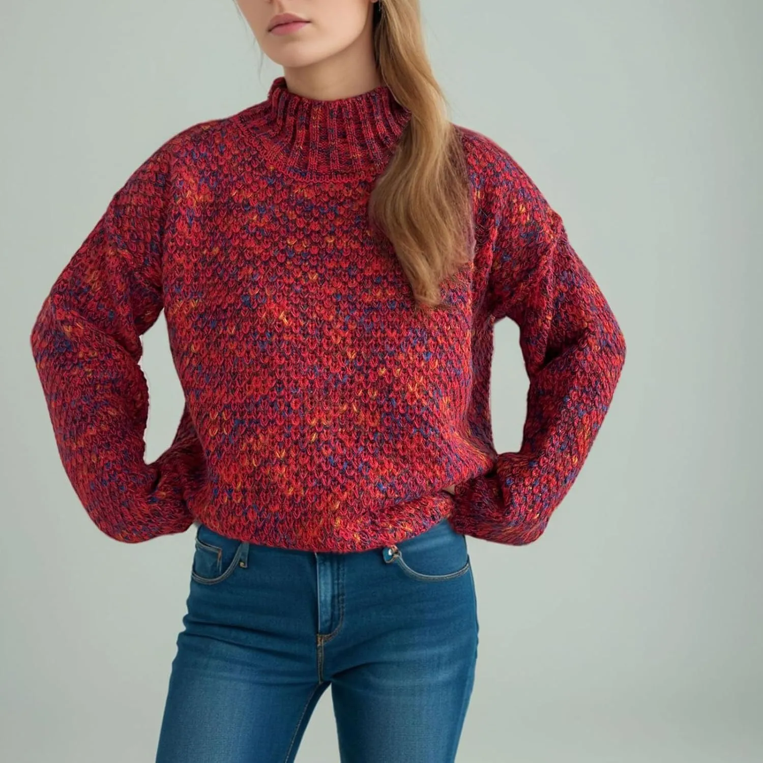 Women's Sweaters Fashion Color Block Mock Neck Long Sleeve Chunky Knitted Jumpers Tops Casual Loose Pullover Sweaters