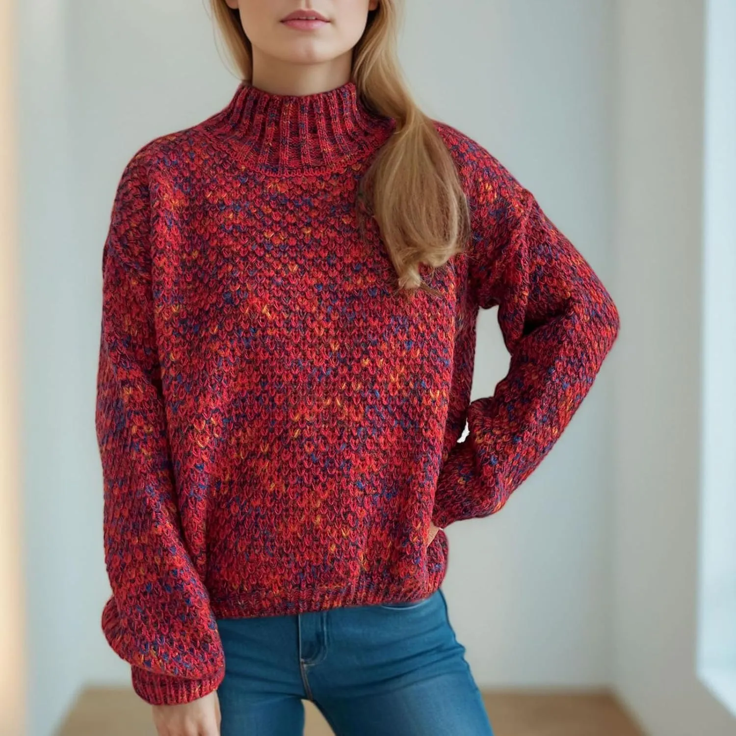 Women's Sweaters Fashion Color Block Mock Neck Long Sleeve Chunky Knitted Jumpers Tops Casual Loose Pullover Sweaters