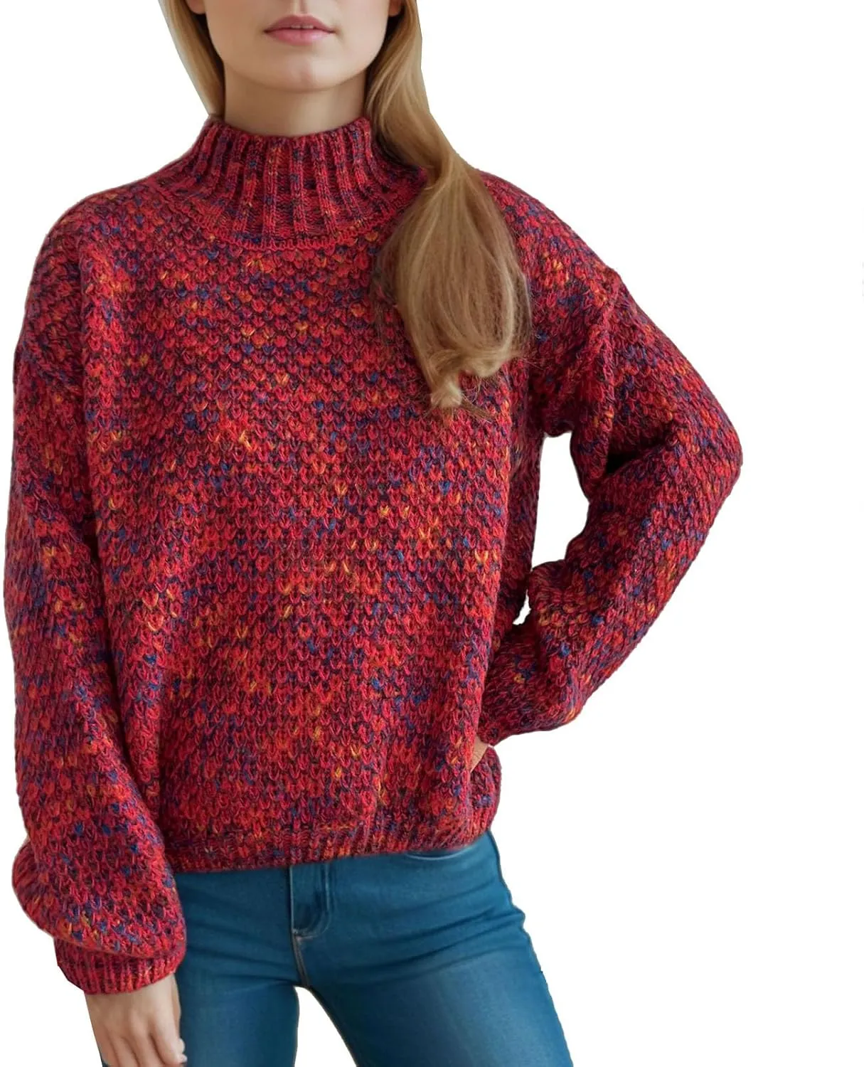 Women's Sweaters Fashion Color Block Mock Neck Long Sleeve Chunky Knitted Jumpers Tops Casual Loose Pullover Sweaters