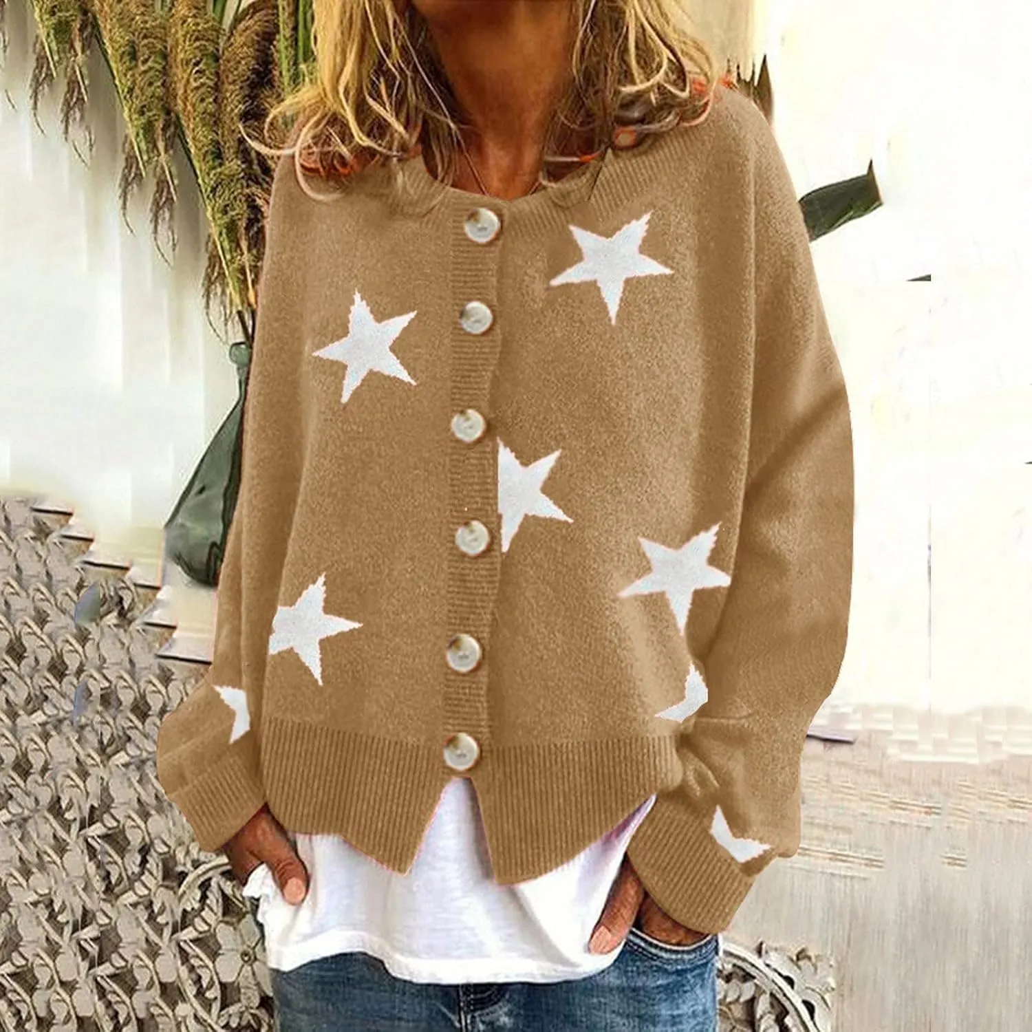 Women's Sweaters Slouchy Knit Chunky Open Front Loose Star Print Cardigan Coat with Pockets Lightweight V Neck Sweaters