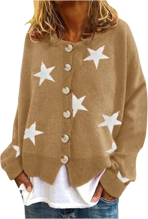 Women's Sweaters Slouchy Knit Chunky Open Front Loose Star Print Cardigan Coat with Pockets Lightweight V Neck Sweaters