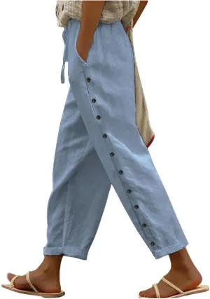 Women's Tapered Pants Cotton Linen Side Button Striped Straight Leg Pants Elastic Waist Slim Fit Clothing with Pockets