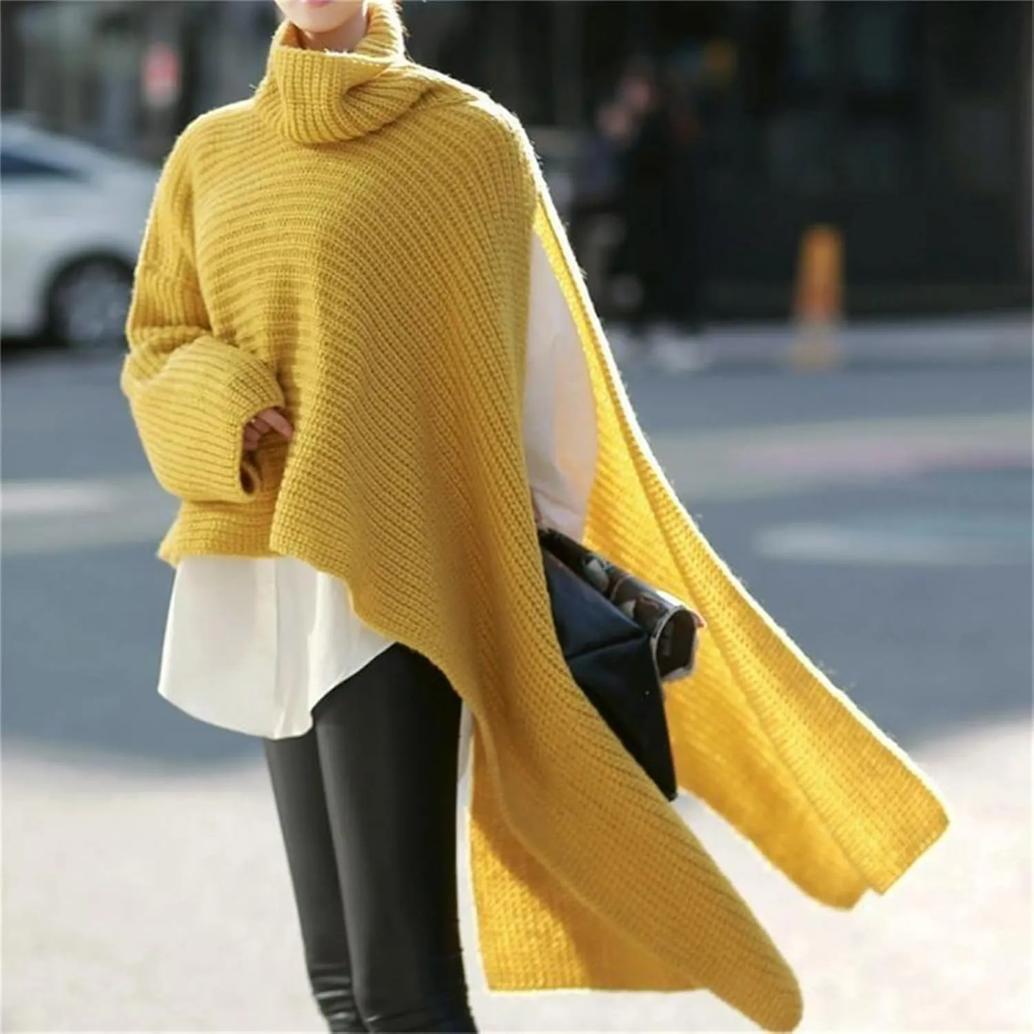 Women's Trendy Turtle Neck Pullover Sweaters Fall Winter Oversized Casual Long Sleeve Split Knit Tops
