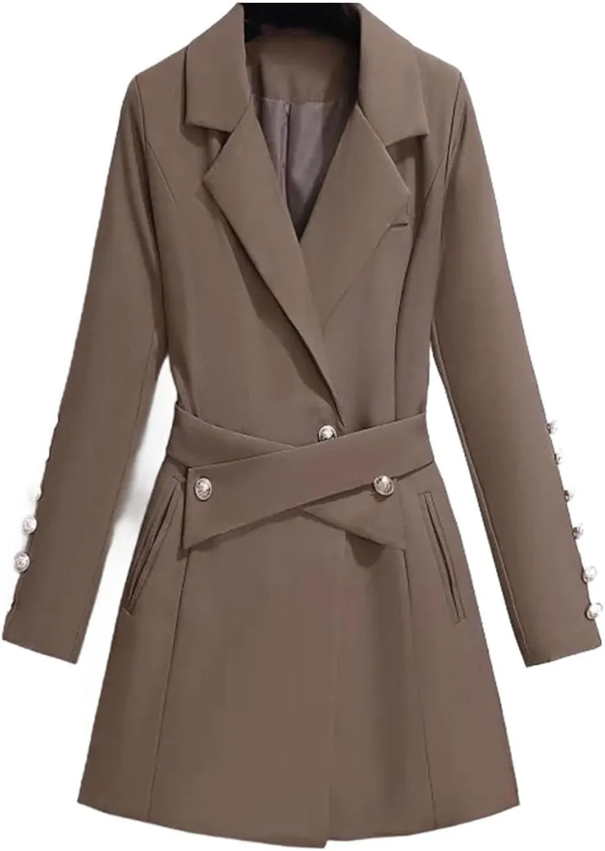 Women's Turn-down Slim Collar Suit Dress Jackets Tailored Coat Button Waistband Blazers