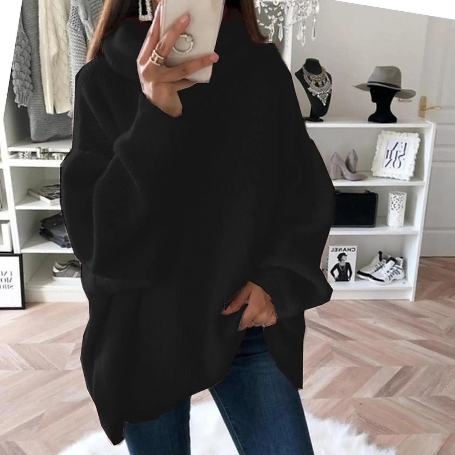 Women's Turtleneck Oversized Sweaters Batwing Chunky Pullover Sweater Casual Fall Loose Knit Jumper Tops