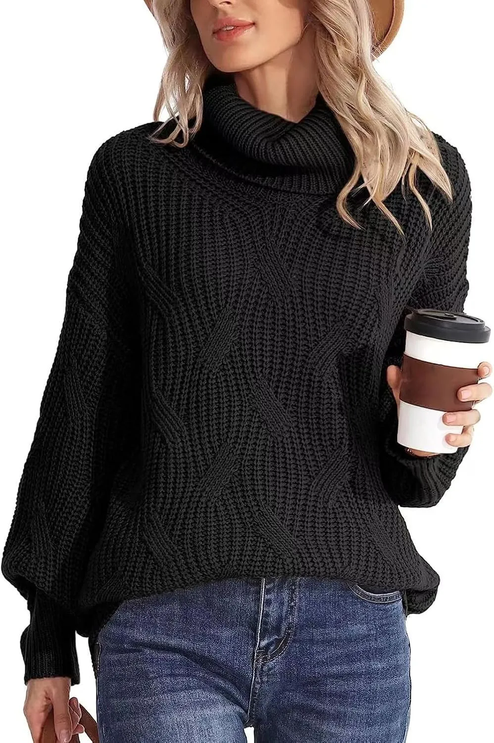 Women's Turtleneck Oversized Sweaters Knit Loose Oversized Pullover Sweater Top