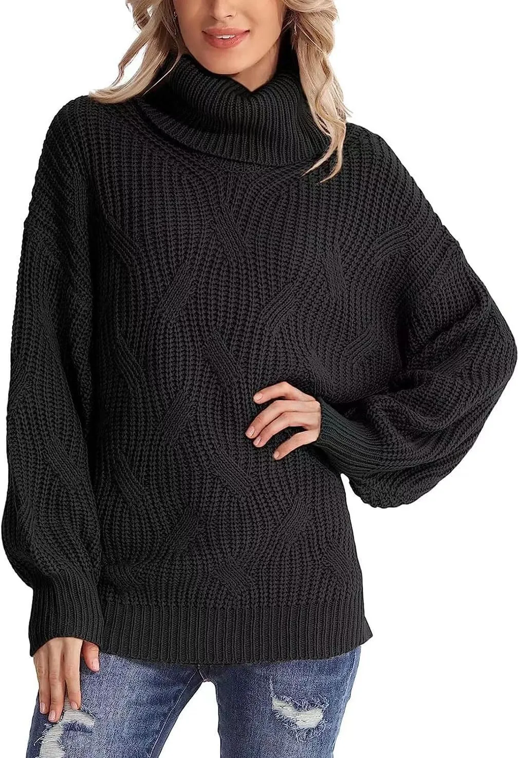 Women's Turtleneck Oversized Sweaters Knit Loose Oversized Pullover Sweater Top