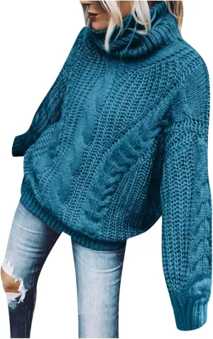 Womens Turtleneck Sweaters Casual Long Sleeve Oversized Knit Cable Chunky Sweaters Pullover Loose Tops Fall Outfits