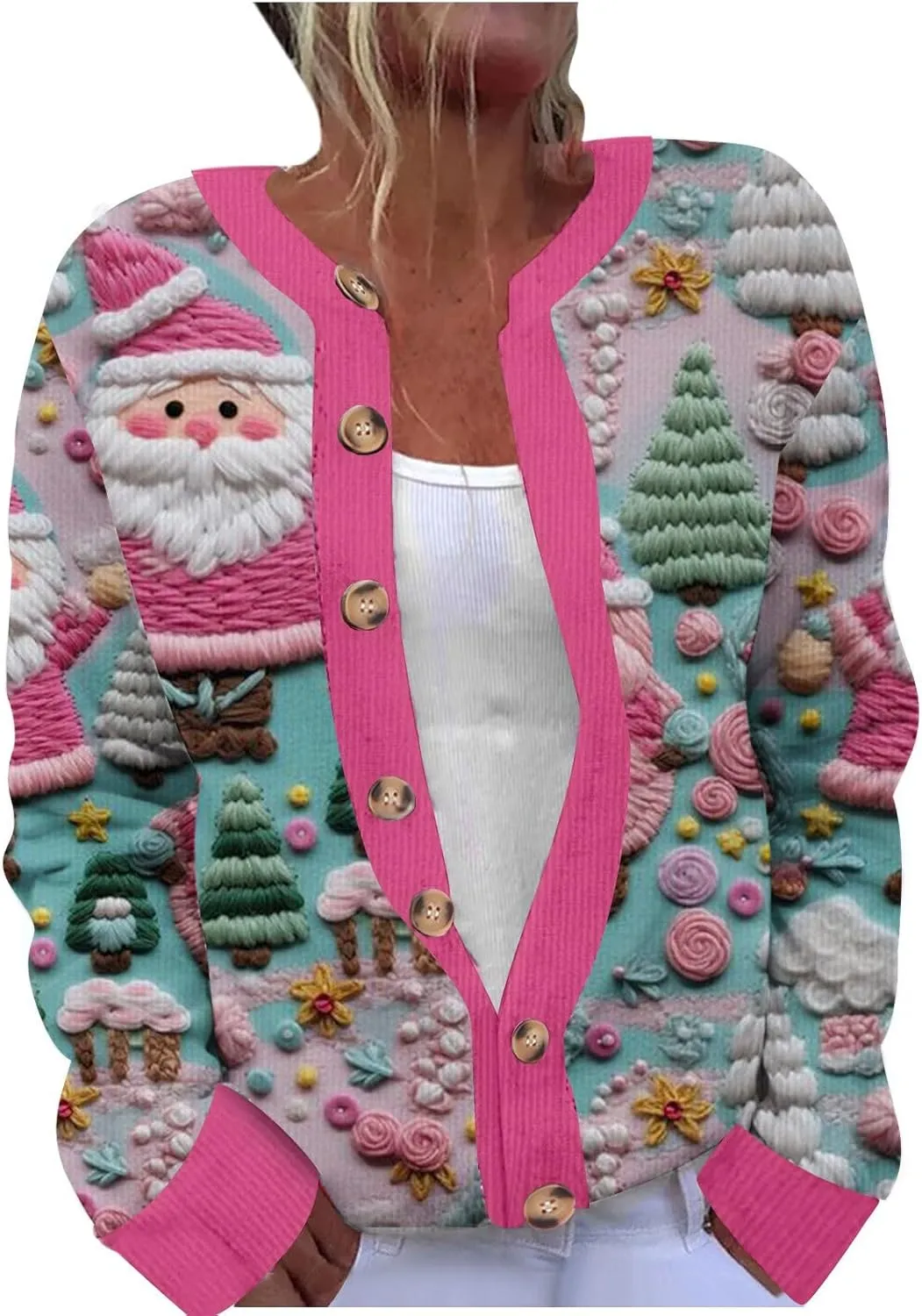 Women's Ugly Christmas Sweater Fall Winter Cute Xmas Open Front Button Down Sweater Cardigans Knitted Coat Outwear