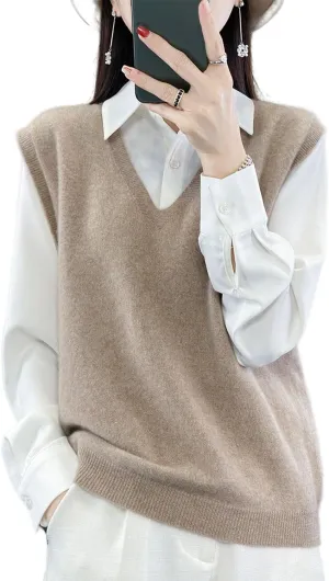 Women's V-Neck Knit Sweater Vest 100% Merino Wool Lightweight Sleeveless Pullover Basic Vest Short Tops