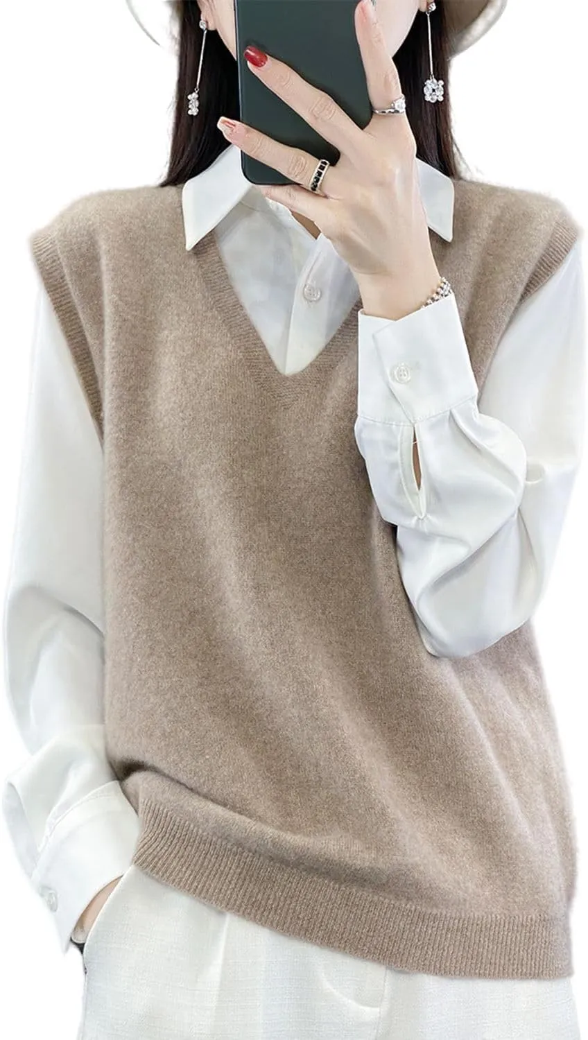 Women's V-Neck Knit Sweater Vest 100% Merino Wool Lightweight Sleeveless Pullover Basic Vest Short Tops