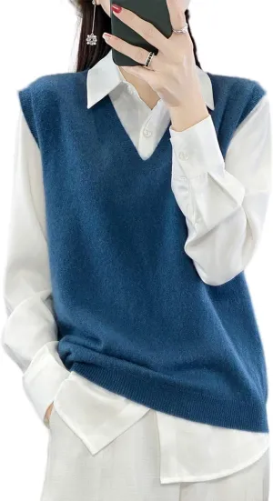 Women's V-Neck Knit Sweater Vest 100% Merino Wool Lightweight Sleeveless Pullover Basic Vest Short Tops