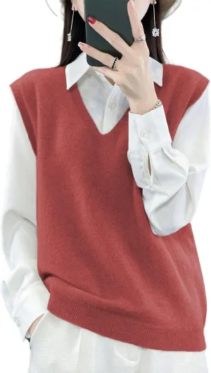 Women's V-Neck Knit Sweater Vest 100% Merino Wool Lightweight Sleeveless Pullover Basic Vest Short Tops