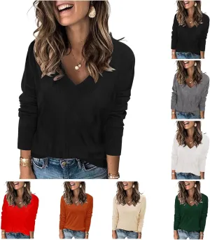 Women's V Neck Long Sleeve Pullover Knitted Sweater Tops Fashion Cozy Ribbed Knitting Sweaters Classic Casual Jumpers
