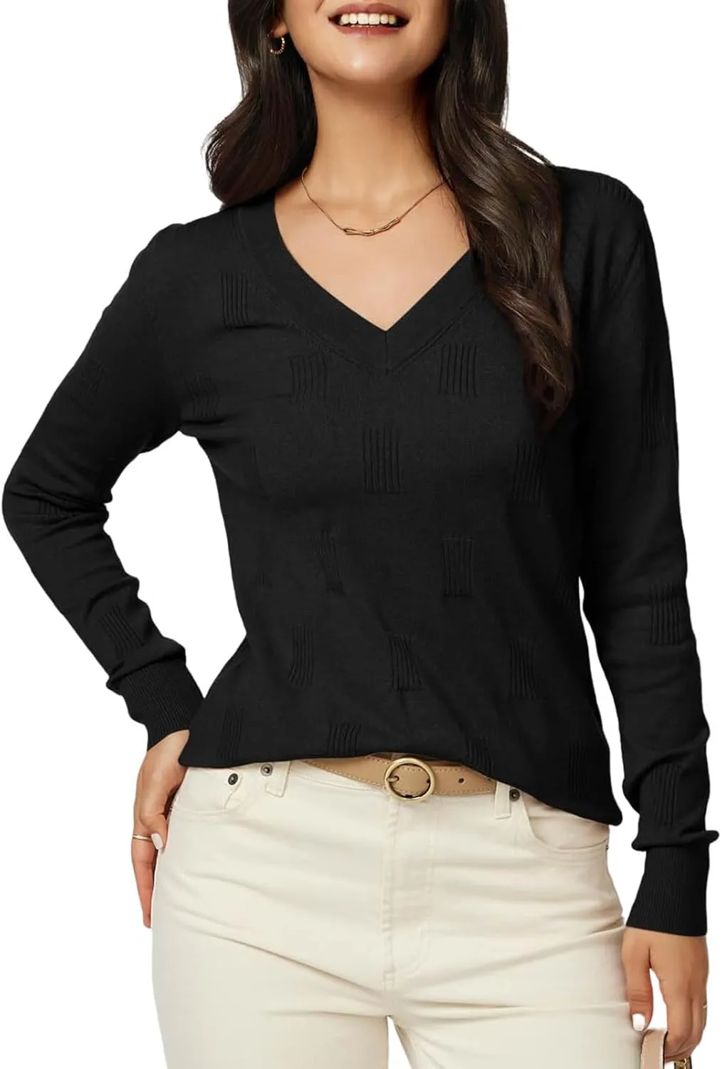 Women's V Neck Long Sleeve Pullover Knitted Sweater Tops Fashion Cozy Ribbed Knitting Sweaters Classic Casual Jumpers
