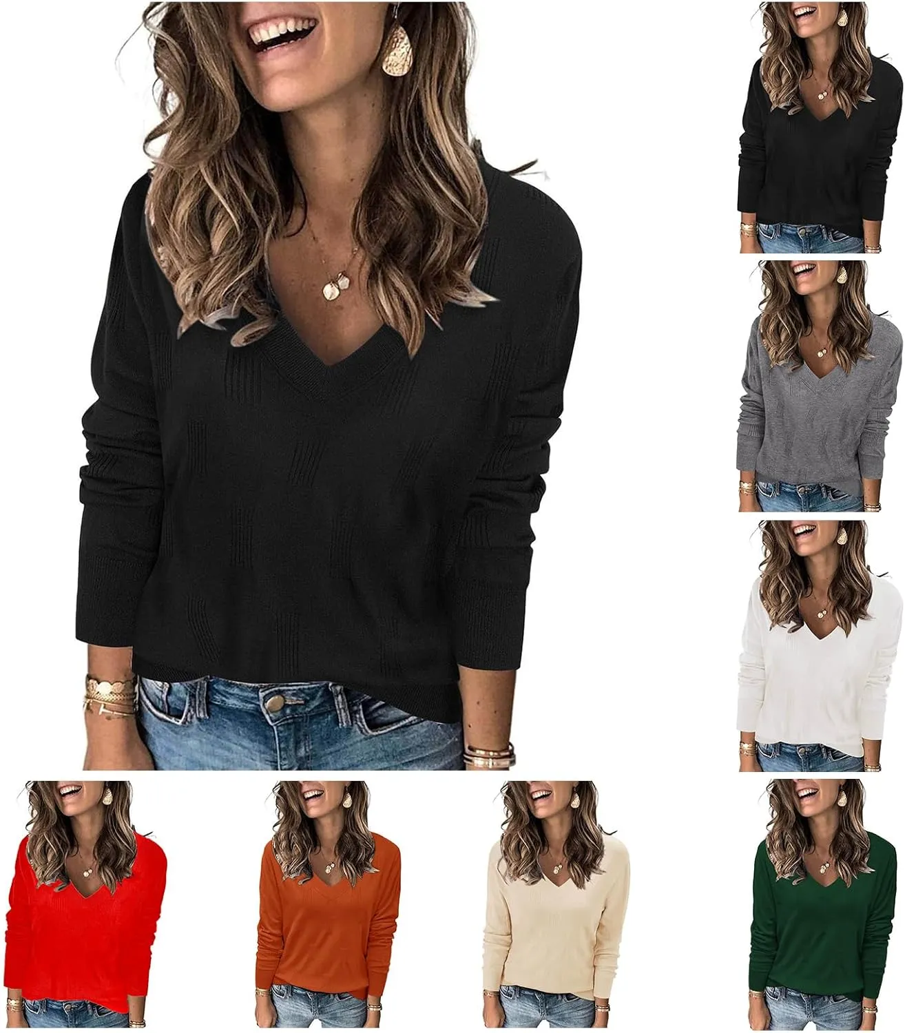 Women's V Neck Long Sleeve Pullover Knitted Sweater Tops Fashion Cozy Ribbed Knitting Sweaters Classic Casual Jumpers