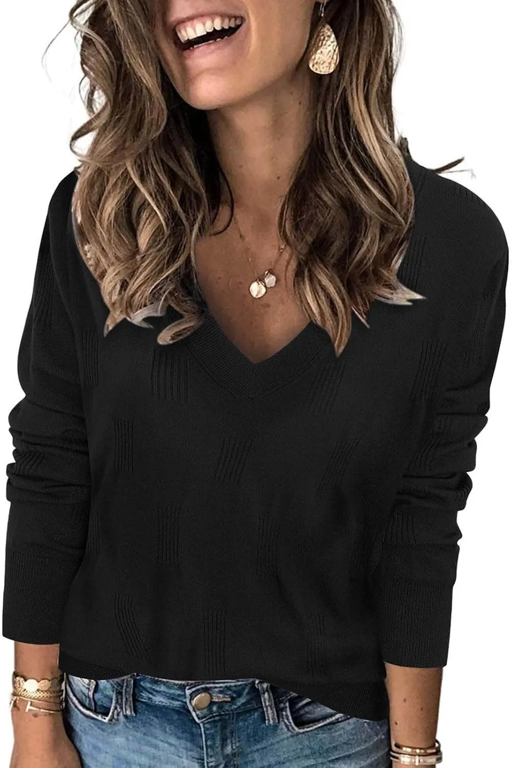Women's V Neck Long Sleeve Pullover Knitted Sweater Tops Fashion Cozy Ribbed Knitting Sweaters Classic Casual Jumpers
