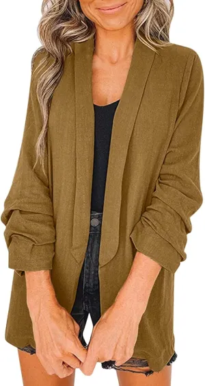 Womens Vintage Solid Length Cardigans Long Sleeve Lapel Blazers Casual Loose Oversized Jackets Work Business Clothes