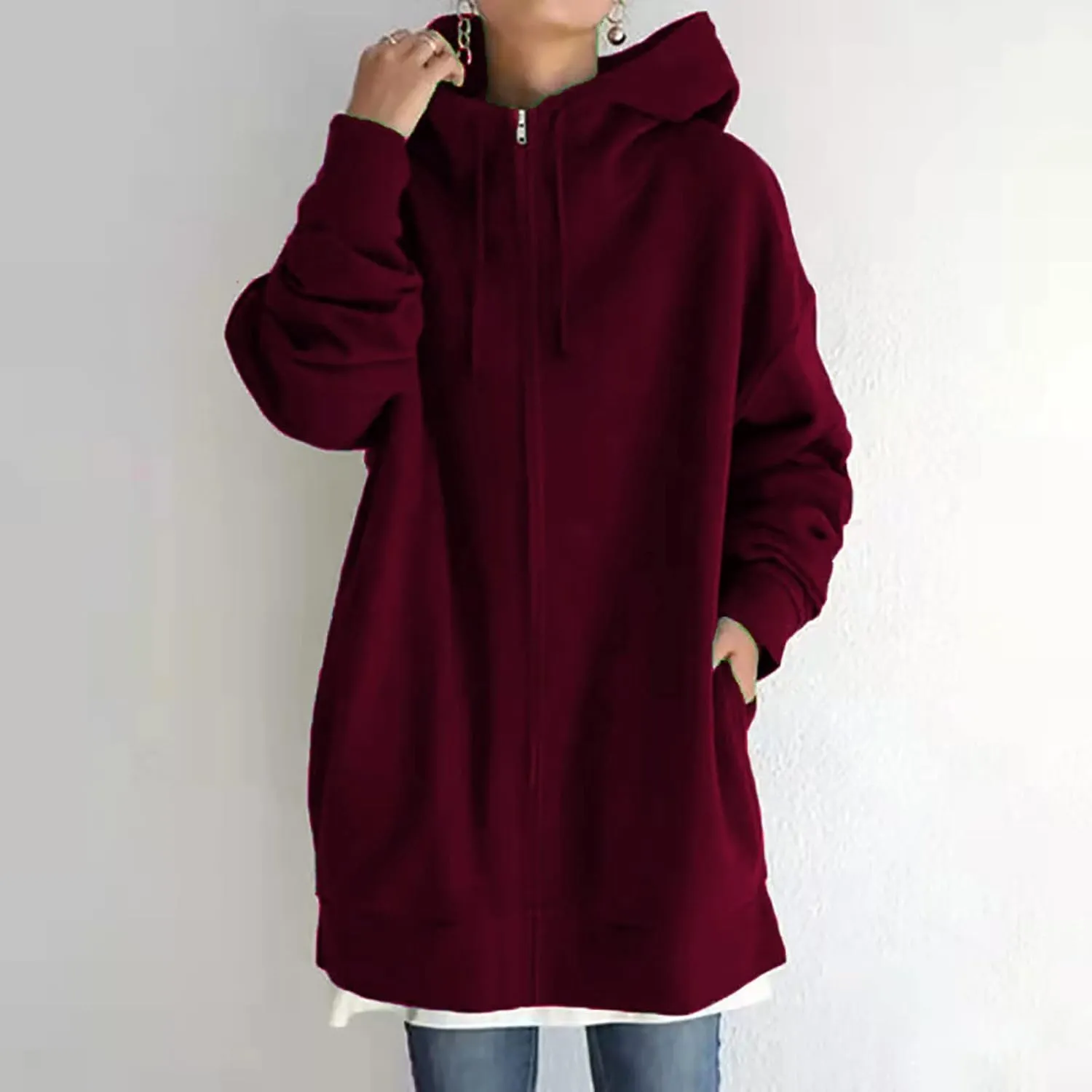 Women's Warm Hooded Coat Plus Size Zipper Fleece Sweatshirt Winter Solid Long Sleeve Baggy Mid-Length Jacket Pocket