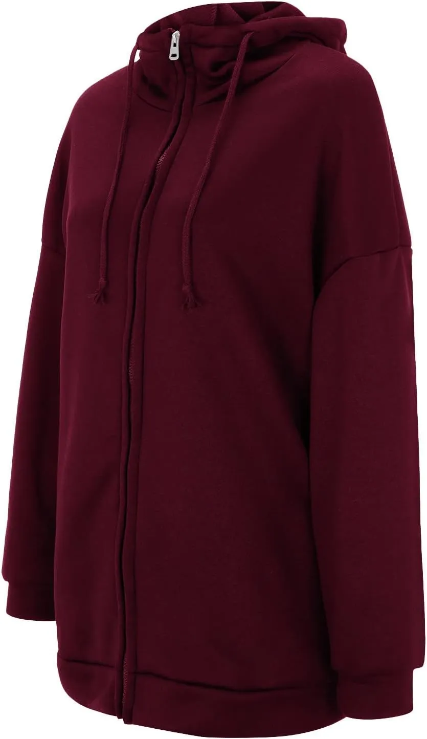 Women's Warm Hooded Coat Plus Size Zipper Fleece Sweatshirt Winter Solid Long Sleeve Baggy Mid-Length Jacket Pocket