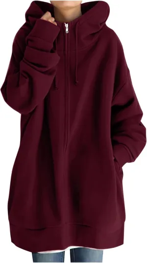 Women's Warm Hooded Coat Plus Size Zipper Fleece Sweatshirt Winter Solid Long Sleeve Baggy Mid-Length Jacket Pocket