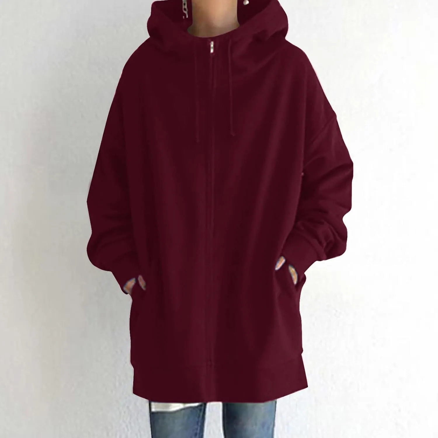 Women's Warm Hooded Coat Plus Size Zipper Fleece Sweatshirt Winter Solid Long Sleeve Baggy Mid-Length Jacket Pocket