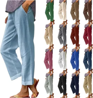Womens Wide Leg Linen Pants Long High Waisted Elastic Pants Paperbag Waist Wide Leg Pants Lounge Casual Wear Pants